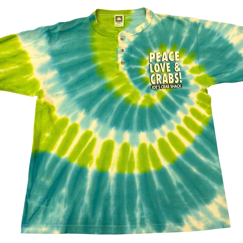 Vintage Joes Crab Shack Tie Dye Henley Shirt L Peace Love Crabs USA Made Y2K 90s